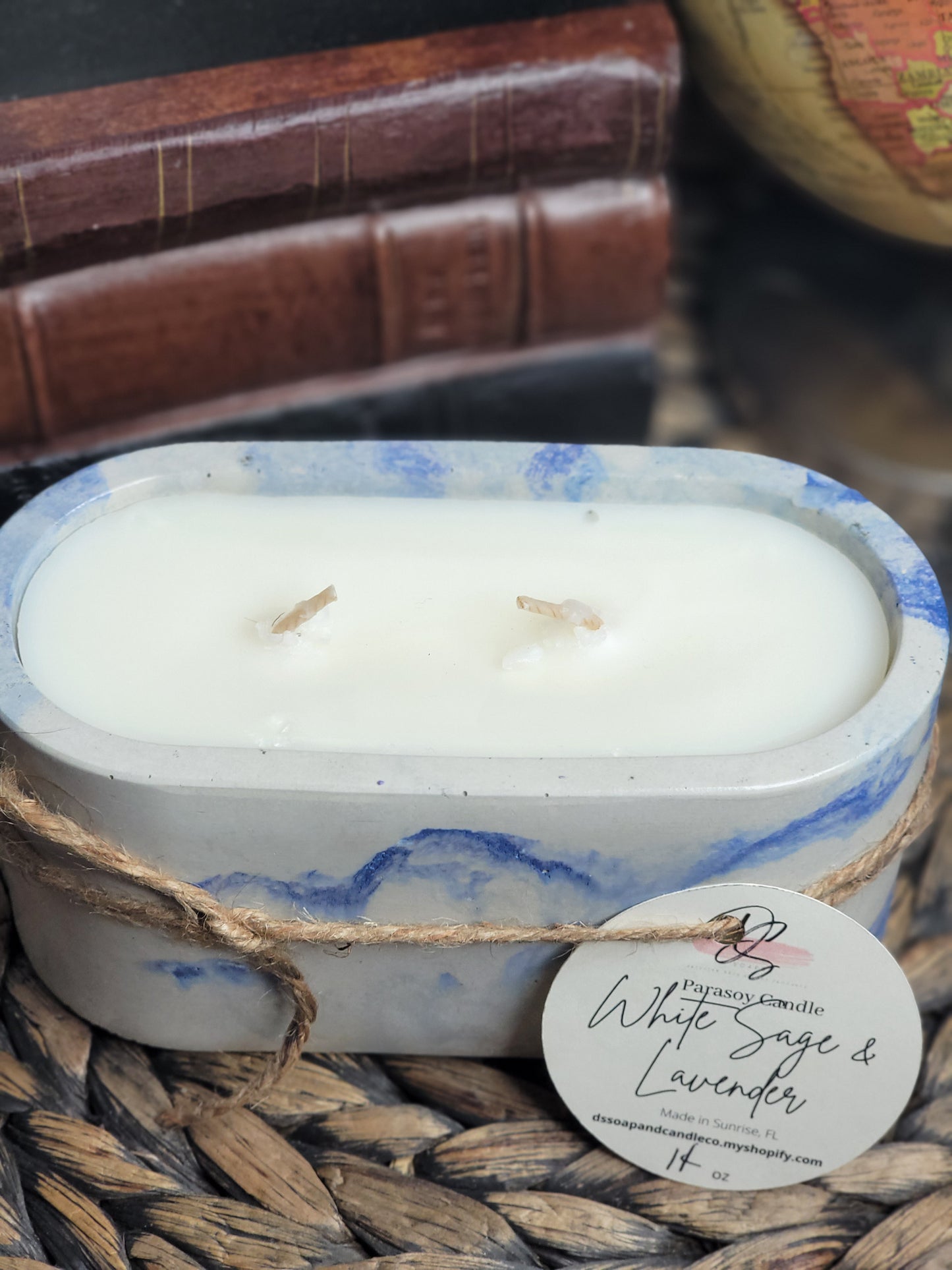 White Sage and Lavender Oval Cement Candle, Blue Marble Concrete Candle, Soy Candle, Industrial, Farmhouse, Indoor /Outdoor