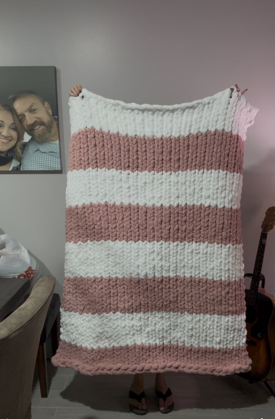 Pink & White Chunky Knit Blanket, Cozy Hand Knit Throw, Housewarming Gift, Sympathy Gift, Statement Home Decor Blanket