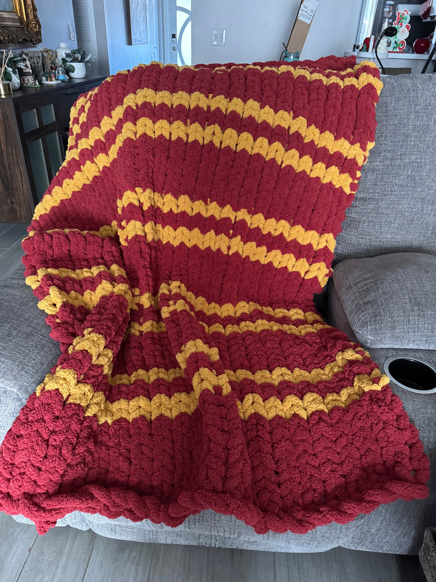 Cranberry/Mustard Chunky Knit Blanket