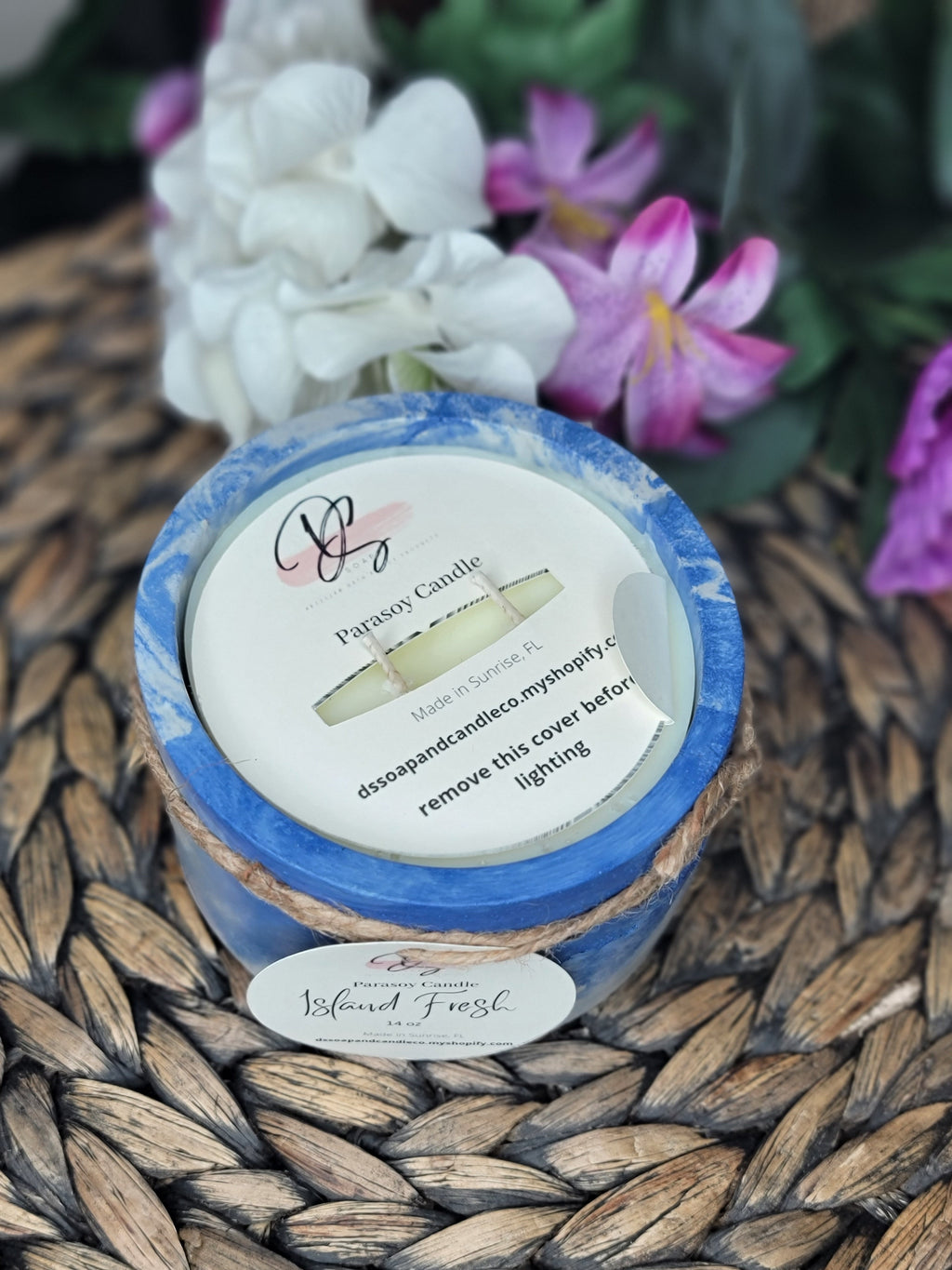 Island Fresh Round Cement Candle, Blue Marble Concrete Candle, Soy Candle, Industrial, Farmhouse, Indoor /Outdoor