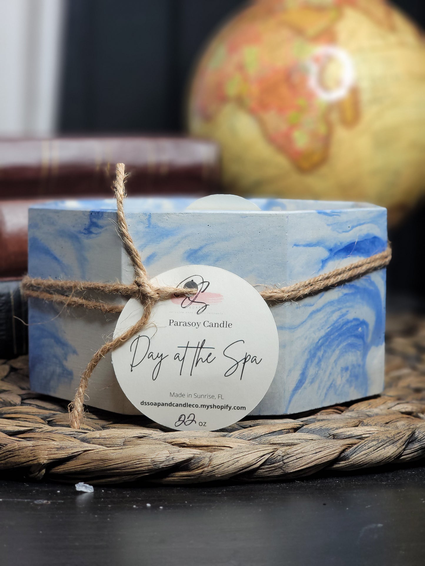 Day at the Spa Concrete Candle, Blue Marble 22 oz Octagon Cement Candle, Hand Made Concrete Cement Container