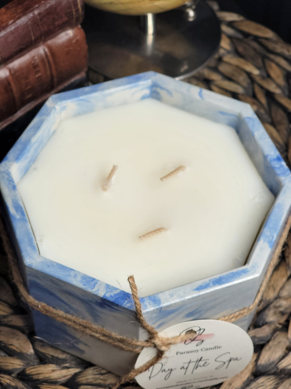 Day at the Spa Concrete Candle, Blue Marble 22 oz Octagon Cement Candle, Hand Made Concrete Cement Container