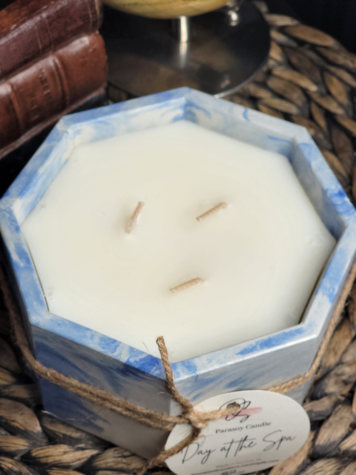 Day at the Spa Concrete Candle, Blue Marble 22 oz Octagon Cement Candle, Hand Made Concrete Cement Container