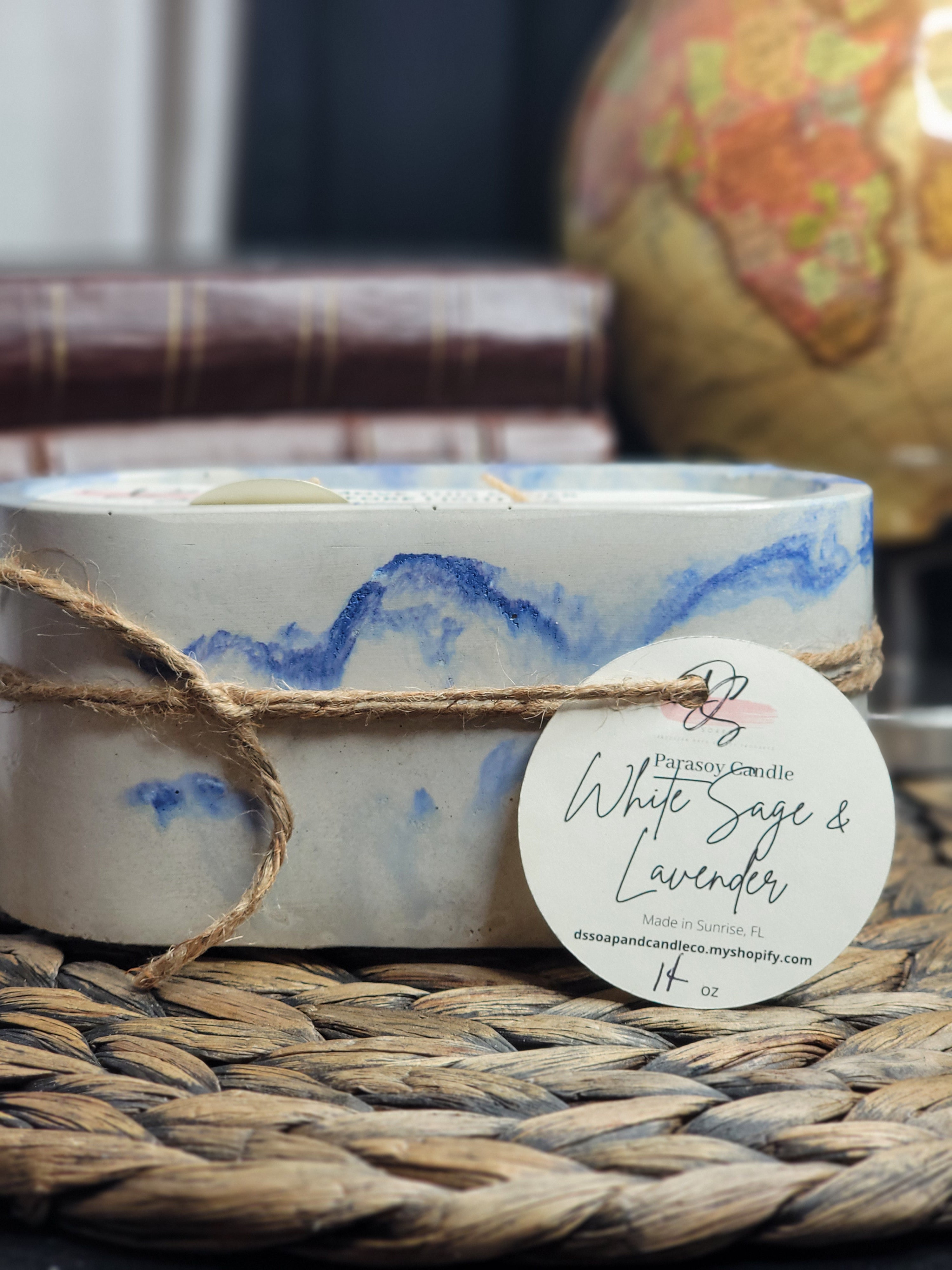 White Sage and Lavender Oval Cement Candle, Blue Marble Concrete Candle, Soy Candle, Industrial, Farmhouse, Indoor /Outdoor