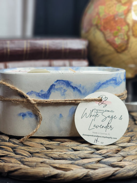 White Sage and Lavender Oval Cement Candle, Blue Marble Concrete Candle, Soy Candle, Industrial, Farmhouse, Indoor /Outdoor