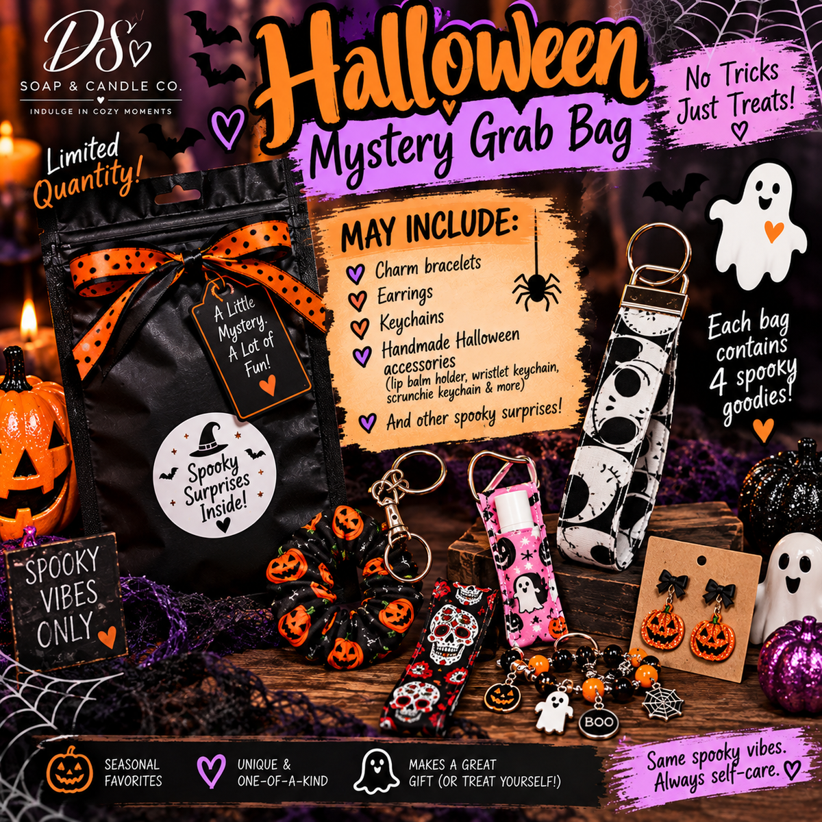 Halloween Mystery Grab Bag with handmade accessories, keychains, bracelets and spooky surprises