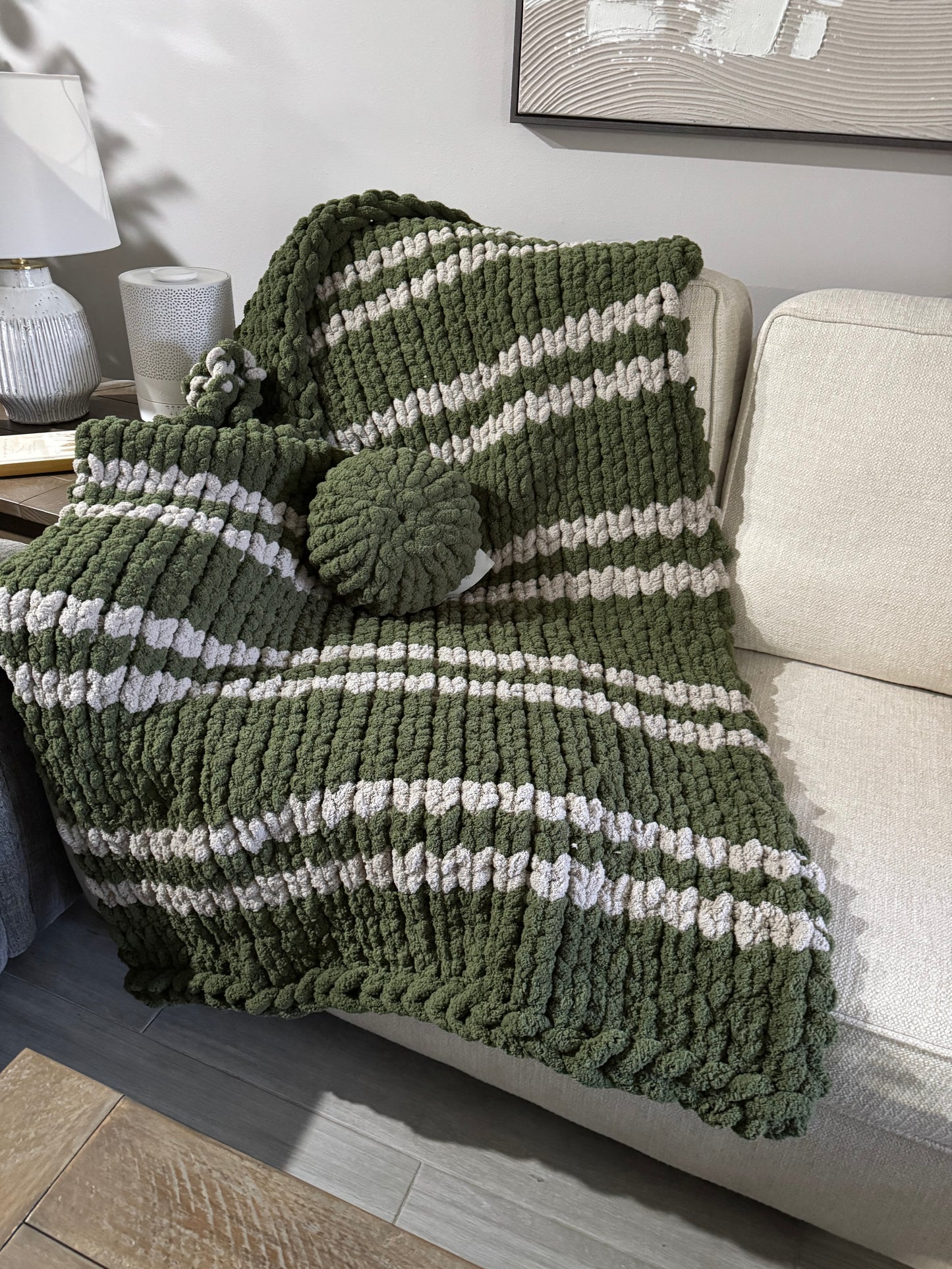 Olive and Grey Chunky Knit Blanket and Pillow, Cozy Hand Knit Throw, Housewarming Gift, Sympathy Gift, Statement Home Decor Blanket