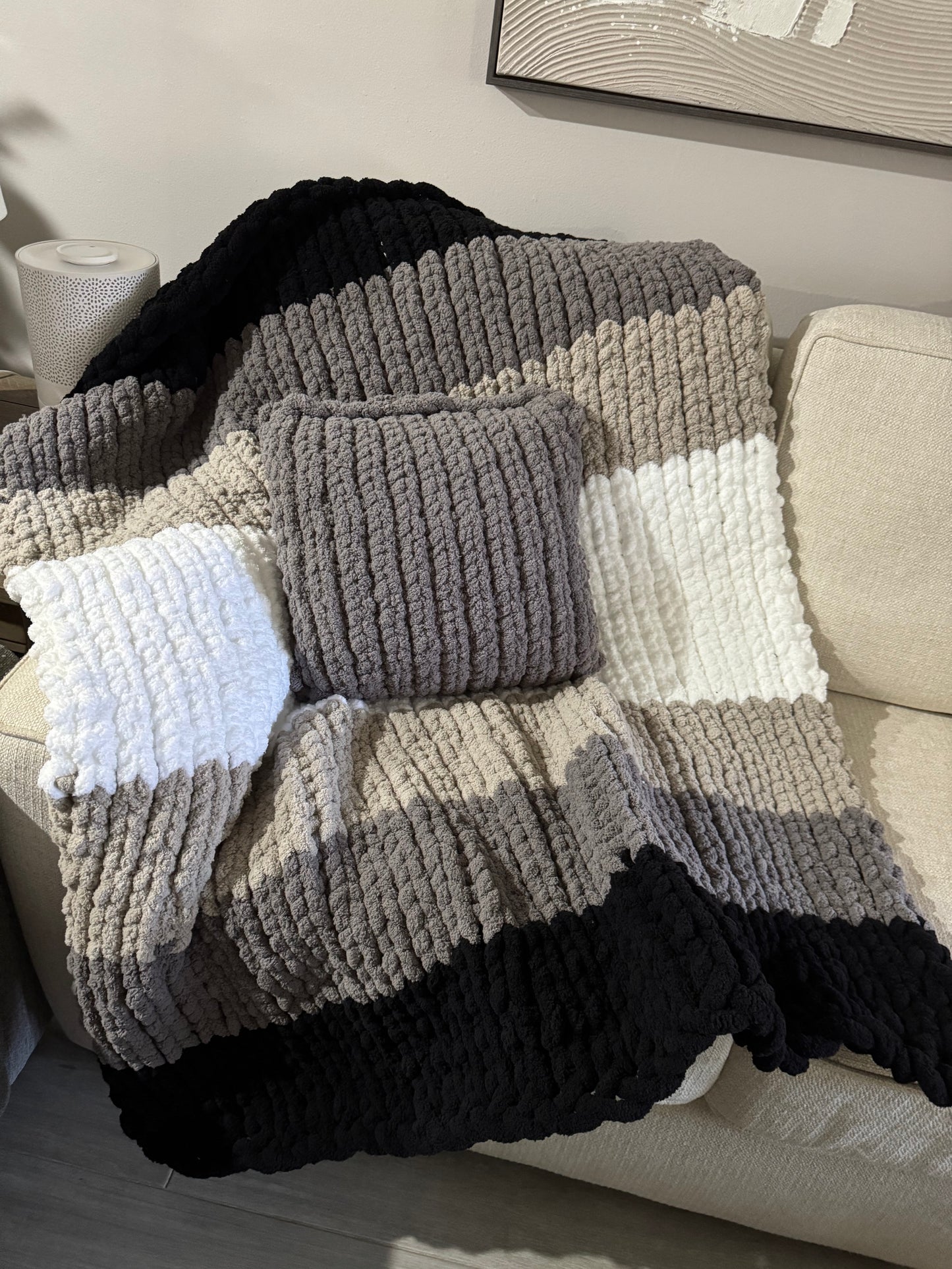 Shades of Grey Chunky Knit Blanket and Pillow Set, Cozy Hand Knit Throw, Housewarming Gift, Sympathy Gift, Statement Home Decor Blanket