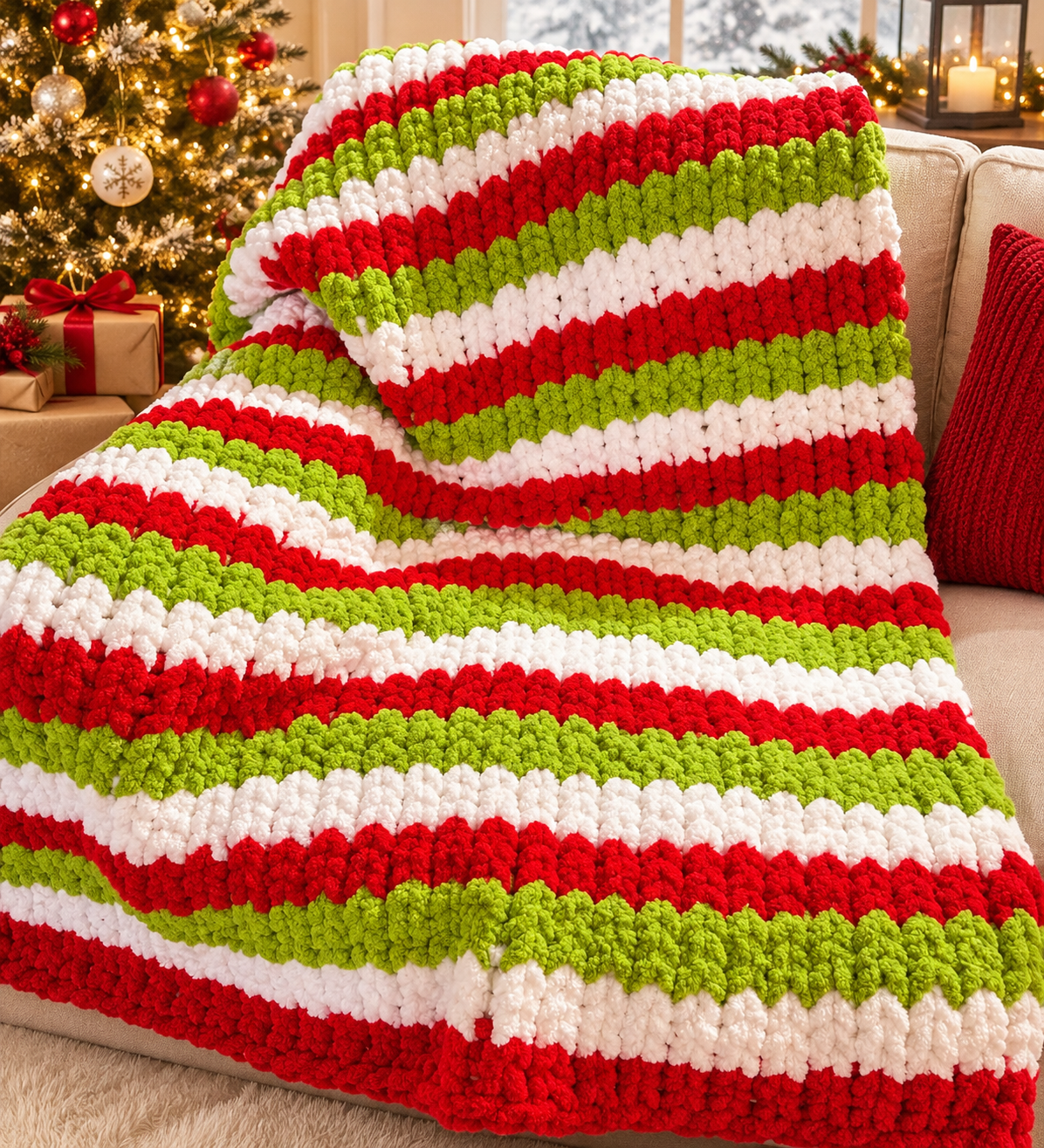 Christmas Chunky Knit Throw Blanket – Handmade Red, Green & White Cozy Holiday Throw